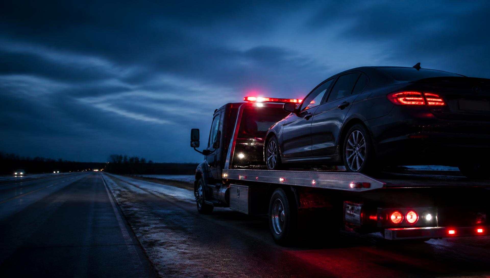 Tow truck carrying a vehicle on a Wisconsin roadside at night